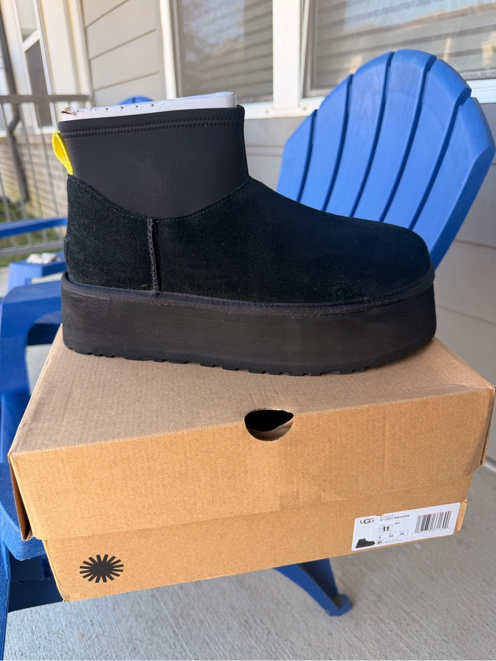UGG Black Platform Ankle Booties with Yellow Pull Tab
